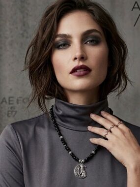 Black  obsidian Beaded Crescent Hare Pendant Necklace